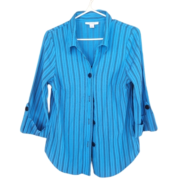 Dressbarn Blue and Black Striped Button Up Shirt L - Picture 2 of 5